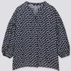 UNIQLO プリントVネックボリュームスリーブブラウス（7分袖）