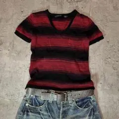 y2k NO ID. Red Black V-Neck Stripe Knitのサムネイル