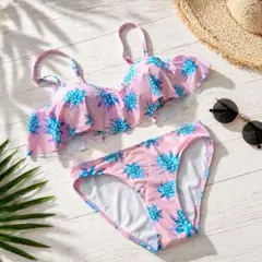 フリル付き花柄セパレート水着 M ピンク062020