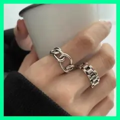 指輪 シルバー シンプル ２点セット フリーサイズ チェーン 韓国 ベルト 人気