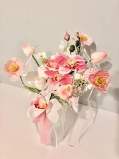 ピンク系ウェディングクラッチブーケ☆ブートニア付き