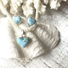 新作♡1点ものラリマー パールネックレス＆ピアスセット