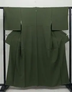 着物 寿光織 老緑 1つ紋 小花 正絹 155cm 低身長 小柄