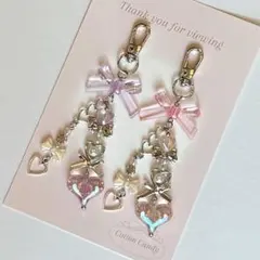 ビーズキーホルダー チャーム 紫 ピンクリボン コレクトブック 2点