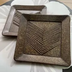 【希少2客】常滑焼 石水窯 焼締 角皿 ヘリンボーン 刻印 和モダンのサムネイル