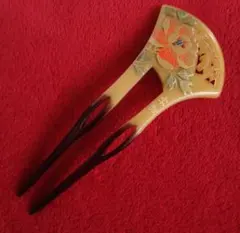 ビンテージ 簪 本鼈甲張り 作家名 入り 透かし彫り 金彩 シェル 椿 160