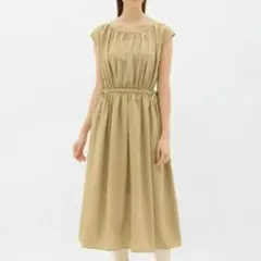 GU ギャザーワンピース（半袖 ベージュ XL LL ウエストゴム 大きなサイズ