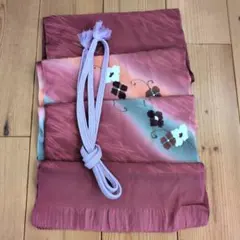 正絹　帯揚げ　くすみ紫ピンク淡オレンジグレーグラデーション地紋花プリント&帯締め