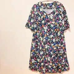✨一点もの✨ 【L】 花柄 ワンピース 膝丈 ネイビー 半袖 春夏