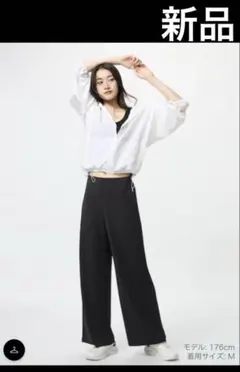 【新品未使用】クレープジャージーストレートパンツ丈長め M　ユニクロ ブラック