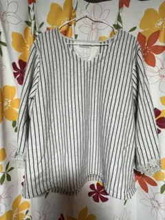 ストライプ 七分袖 Vネック トップス　裏起毛