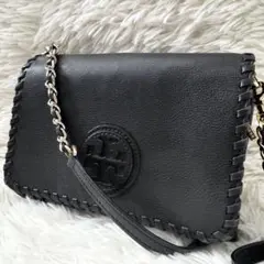 美品✨トリーバーチ ショルダーバッグ チェーン ロゴ シボ革 ブラック マリオン