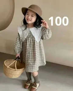 ビッグフリル襟　チェックワンピース　韓国子供服　キッズ　100