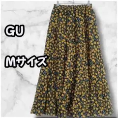 S0177　GU　フラワープリントロングスカート　花柄　M　オレンジ×ブラック系