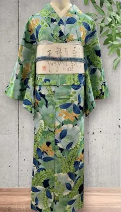 ❇︎グリーン系ボタニカル柄 美品 広衿 手縫い仕立て 爽やか　春着物❇︎