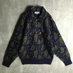 【ニット】ハーフボタン 総柄 ペイズリー柄 襟付き L相当 青 メンズ セーター