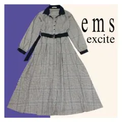 【ems excite】配色襟チェックロングワンピース ベルト付き レトロ感 F