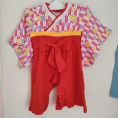 赤いリボン付き花柄着物風ドレス　袴風ロンパース