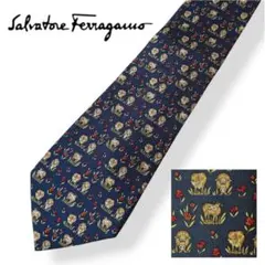 美品✨フェラガモ ネクタイ ヴィンテージ シルク 動物 牛 花柄 ネイビー
