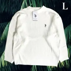 USポロアッスン ワンポイント刺繍 リブ編みニット L アイボリー