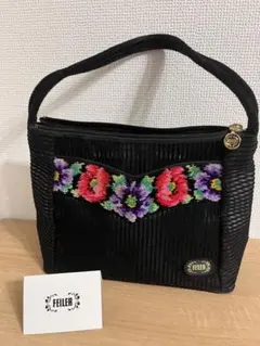 FEILER 黒 コーデュロイ 花柄ハンドバッグ