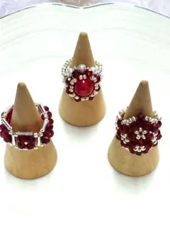 赤いビーズハンドメイドリング3点セット№78.十三号から十五号位