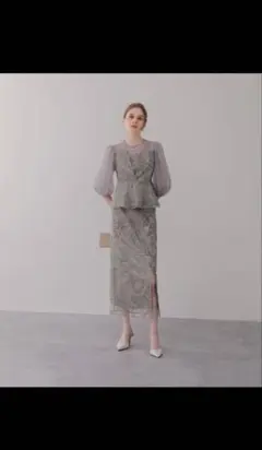 エレガント レース ペプラムドレス グレー