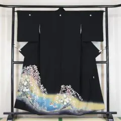 未使用　十日町友禅　155cm　　鴛鴦　枝垂れ桜　正絹黒留袖　b804