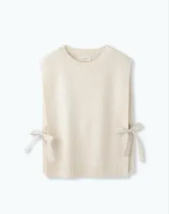 新品　ソソット　LIBERTYタナローンのリボンが付いた片畦編みのニットべスト