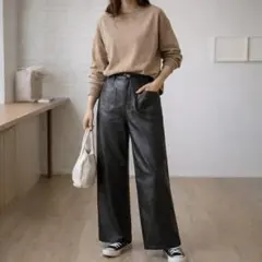 ワイド フェイクレザーパンツ【フェミニン】S ブラック ZARA