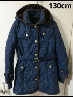 ネイビー キルティングコート 背中ボア中綿130cm~140cm/紺色
