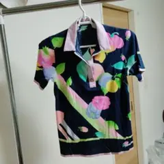 レオナール　レディース 半袖ポロシャツ フルーツ柄 ネイビー