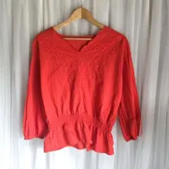 【GU】ジーユー カットワーク刺繍 ブラウス レッド 赤 綿100% Lサイズ