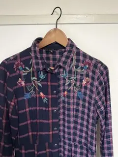 Desigual デシグアル チェック柄 ロングシャツワンピース 刺繍入り