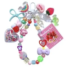 ビーズストラップ カラフル ギンガムチェック苺 じゃらじゃらキーホルダー