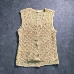 6AS2【ヴィンテージ】ニットベスト　ベージュ　透かし編み　レトロ　古着used