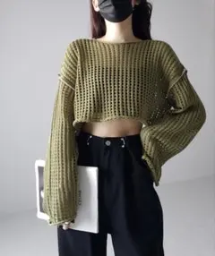 me+em select ワイドスリーブステッチクロシェショートニットのサムネイル