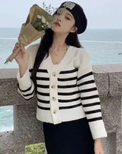 最終値下げshien Honeyspot完売品ストライプドロップショルダーカーデ