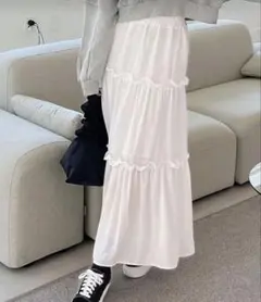 ホワイト フリル付き ロングスカート ハイウエスト フリルスカート