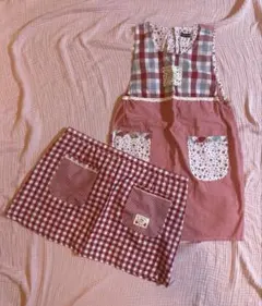 エプロン　赤　ギンガム　チェック　セット　保育士