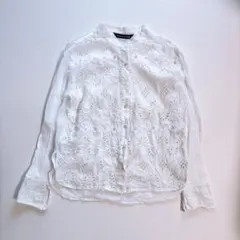 ミズイロインド バンドカラーレースシャツ シワ加工カットワーク 近年　白