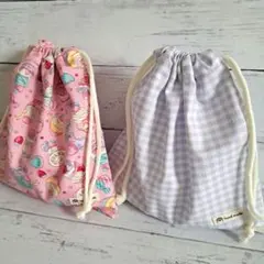 給食袋　巾着袋　コップ袋2枚セット☆　スイーツ柄ピンク☆チェック柄パープル