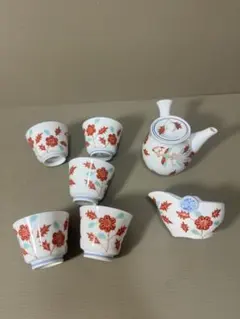 2171 深川製磁　赤絵花草　茶器セット　急須1客　湯冷し1客　湯呑5客