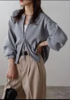 美品 ダブルジップダンボールリブニットカーディガン グレー