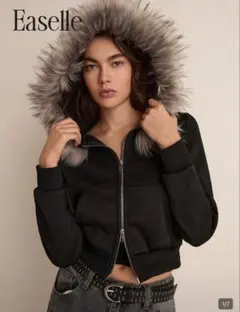 SHEIN ファーパーカーEaselle 黒 ファー付きクロップドジャケット