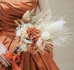 《ウェディングブーケ》テラコッタ★結婚式★クラッチブーケ★ブートニア付★オレンジ