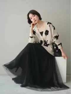 【SET】lumier フラワージャガードニットカーデ +チュールSK リュミエ