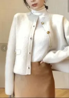 【anuans】ラクーンブレンドノーカラーニットジャケット アイボリー　ホワイト