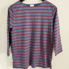 《美品❗》【栗原はるみのTシャツ】青赤ストライプ ８分ボートネックTシャツ M