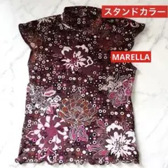 シアー　花柄カットソー ハイネック　フレンチスリーブ　トップス　ボルドー色のサムネイル